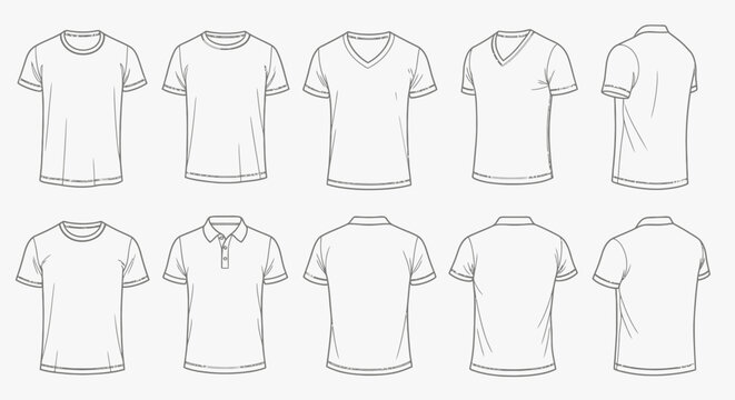 Collection of various t-shirt and polo shirt designs, front and back views, for men's fashion and apparel.