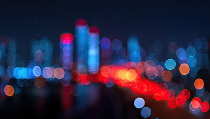 Defocused night cityscape, vibrant bokeh lights of buildings and traffic at dusk