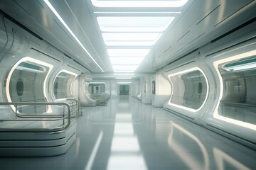 Fototapeta premium Modern white long hallway inside a sci fi spacecraft with illuminated details
