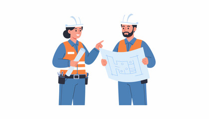 Fototapeta premium Construction Workers Reviewing Blueprints on Site Wearing Safety Gear.