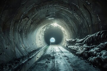 Fototapeta premium Dark round concrete tunnel with light at the end