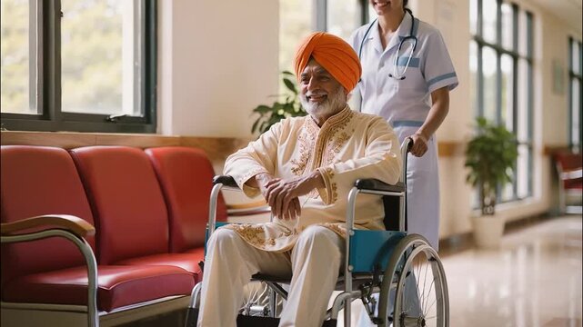 Smiling Indian Nurse Pushing Happy Senior Man in Traditional Clothing Sitting in Wheelchair 4k video footage