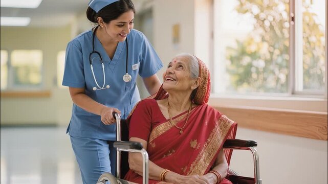Smiling Indian Nurse Pushing and Talking with Happy Senior Woman in Traditional Clothing Sitting in Wheelchair 4k video footage