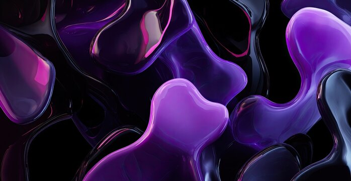 Glossy, amorphous shapes in purple and black coalesce, creating an abstract, dynamic composition