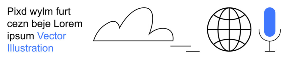 Cloud computing, global communication, voice recognition, data sharing, tech innovation, online storage. Minimal icons thumbs up cloud, globe and microphone. Cloud computing and global communication