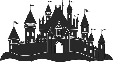 Black and white of a medieval castle with multiple towers and flags on a wavy base © MSTAFRUZA