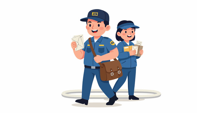 Two Cartoon Mail Carriers Delivering Mail with Bags and Letters.