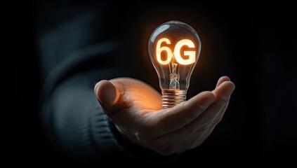 A hand holds a lit lightbulb, the filament illuminating ?6G? in a dark setting