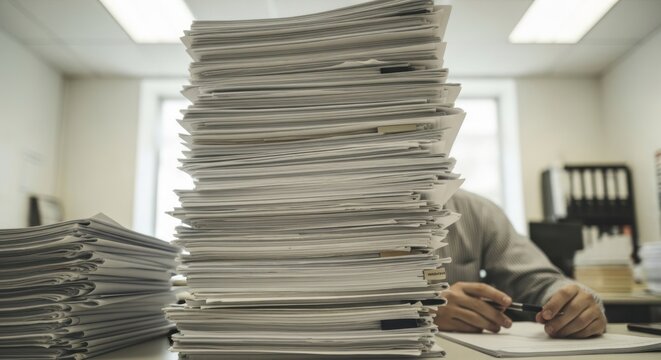 Office worker obscured by a huge pile of paperwork. Documents dominate the scene