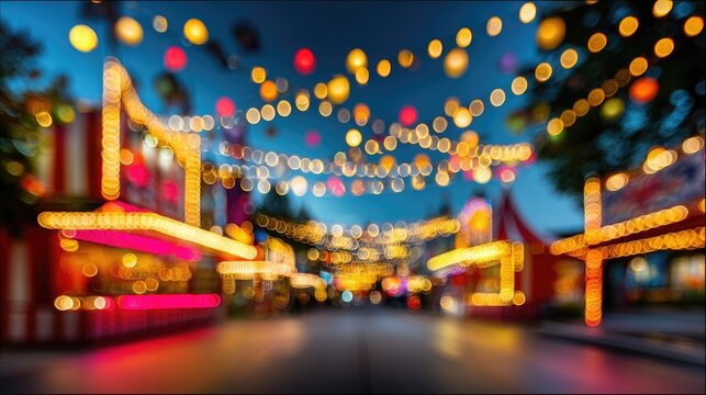 Colorful Bokeh Lights Create a Magical Atmosphere at a Fair or Festival with Bright Decorations and Vibrant Colors in the Evening Sky