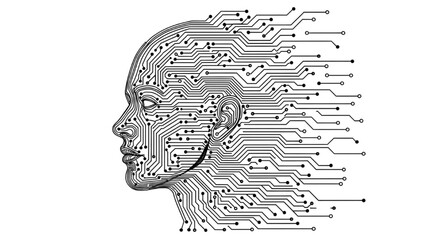 Black continuous line art of a human head merging with circuit lines, artificial intelligence concept, minimal futuristic illustration