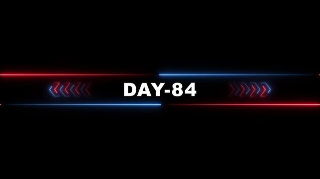 Neon Day 84 Glowing Text with Red Blue Arrows on Black Background for Countdown Timer or Infographic
