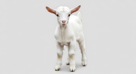 Fototapeta premium A small white goat with brown ears standing on a plain gray background looking directly at the camera