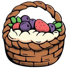 Vegan Easter basket cake with whipped cream and fresh berries, hand drawn doodle icon of strawberry and blueberry dessert, isolated spring vector.