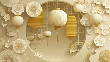 Ornate ivory and gold paper lanterns, fans, and flowers create an elegant, festive backdrop