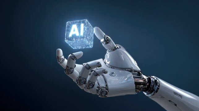 Robot hand holding glowing cube with AI text, futuristic technology and artificial intelligence concept. Digital innovation, automation and machine learning in dark background.