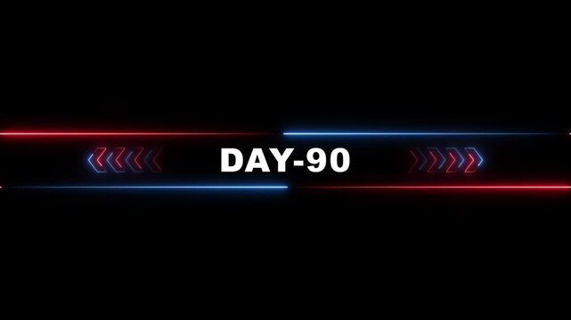 Neon Day 90 Countdown Timer with Red Blue Arrows on Black Background for News Sports or Gaming