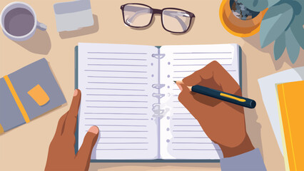 Overhead view of hands writing in a notebook with glasses, coffee, and plant on a desk