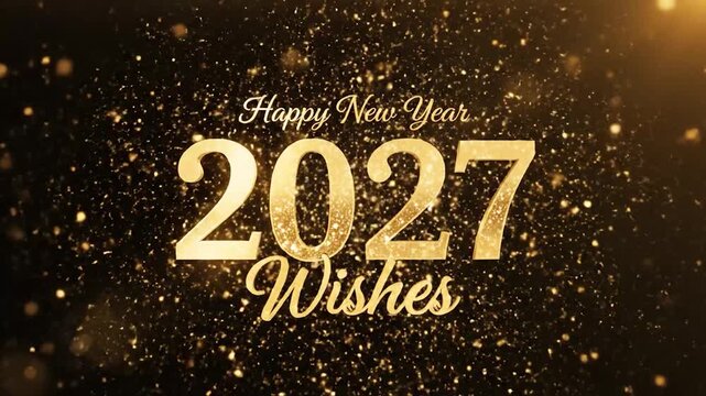 Golden Happy New Year 2027 wishes with sparkling glitter and bokeh lights on