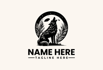 Black and white illustration of a wolf howling at the moon, surrounded by leaves and a circular design with space for a logo and tagline on a clean background. © vectorvovdesign