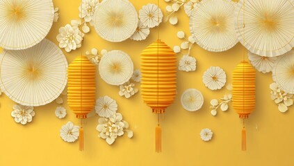 A vibrant yellow composition features paper lanterns, flowers, and fan-shaped decorations