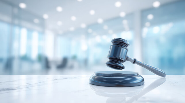 Modern judge gavel on marble desk in bright courtroom office setting with firm resolve