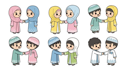 Obraz premium Cute cartoon Muslim children shaking hands, depicting friendship and greetings in various pairs, celebrating Islamic culture and unity.