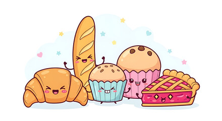 Fototapeta premium Cute cartoon kawaii bakery group illustration featuring a happy croissant baguette cupcake muffin and slice of pie collection
