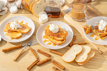 Classic breakfast food. Homemade french toast with maple syrup
