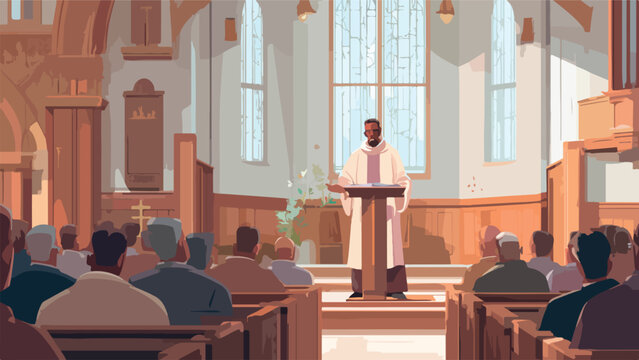 A preacher addresses a congregation within a sunlit church, with stained glass windows