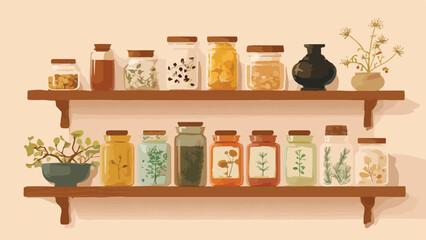 Shelves display various jars filled with dried herbs, seeds, and decorative plants, plus a vase