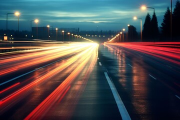 Obraz premium Speeding traffic creating blurred light trails on a multi lane highway at dusk
