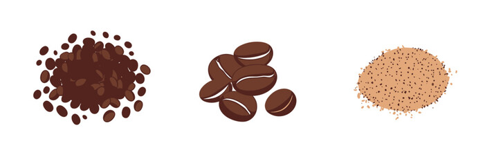 Obraz premium Coffee bean roasting stages and coffee grind size comparison isolated on white background vector illustration flat design with whole beans medium and fine ground powder