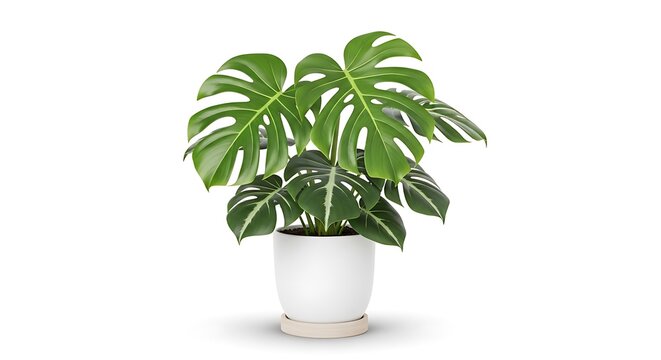Beautiful monstera deliciosa plant in white pot with unique green leaves