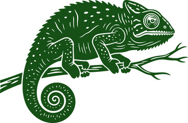 Naklejka premium Dark green monochrome vector illustration of a chameleon perched on a branch with detailed skin patterns and curled tail.