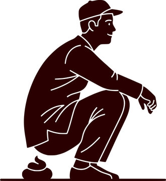 Brown monochrome silhouette of a man in a cap squatting and defecating on the ground isolated on white.