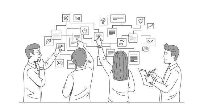 Business people brainstorming with sticky notes and ideas vector illustration.