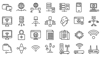 Fototapeta premium Vector Icon Sheet Representing Various Technology and Internet Concepts in Modern Devices and Communication Tools