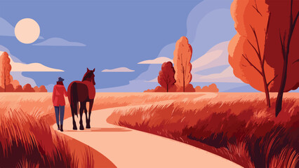 A person walks with a horse down a path through tall, red-hued grass under a blue sky