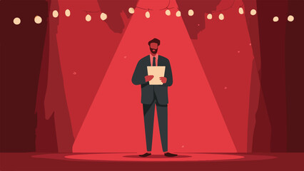 Man in suit on illuminated stage holding papers