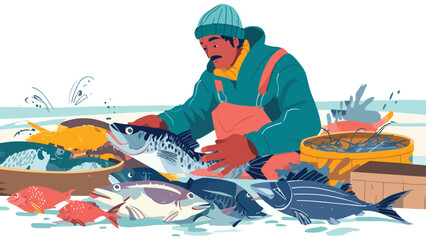 Fisher handling fresh catch of various fish on a white surface