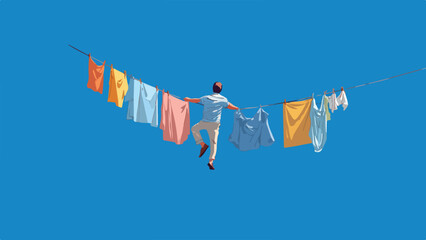 Man on a clothesline with laundry hanging against a vibrant blue sky