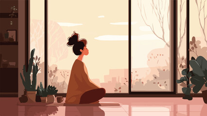 Person meditating indoors by a large window overlooking a hazy, natural landscape