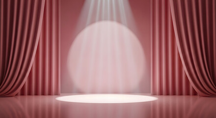 Pink stage curtains with spotlight on floor