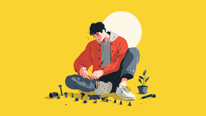 Person assembling small mechanical parts on a vibrant yellow background