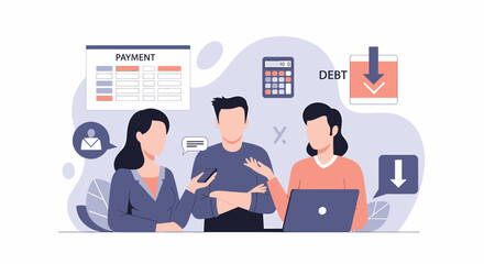 Three business people discussing financial strategy and debt management.