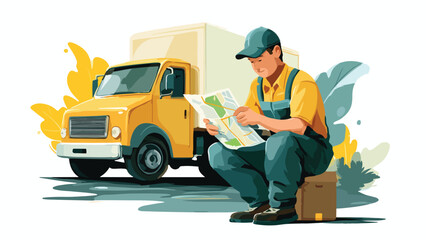 Delivery person in yellow shirt and blue overalls studying map by yellow truck