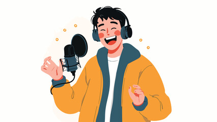 A young person with headphones joyfully records audio into a studio microphone