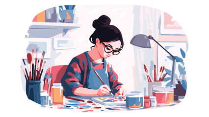 Person wearing glasses and an apron creating art with paints and brushes