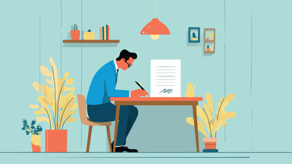 A man in a blue suit sits at a desk, signing a document with a pen